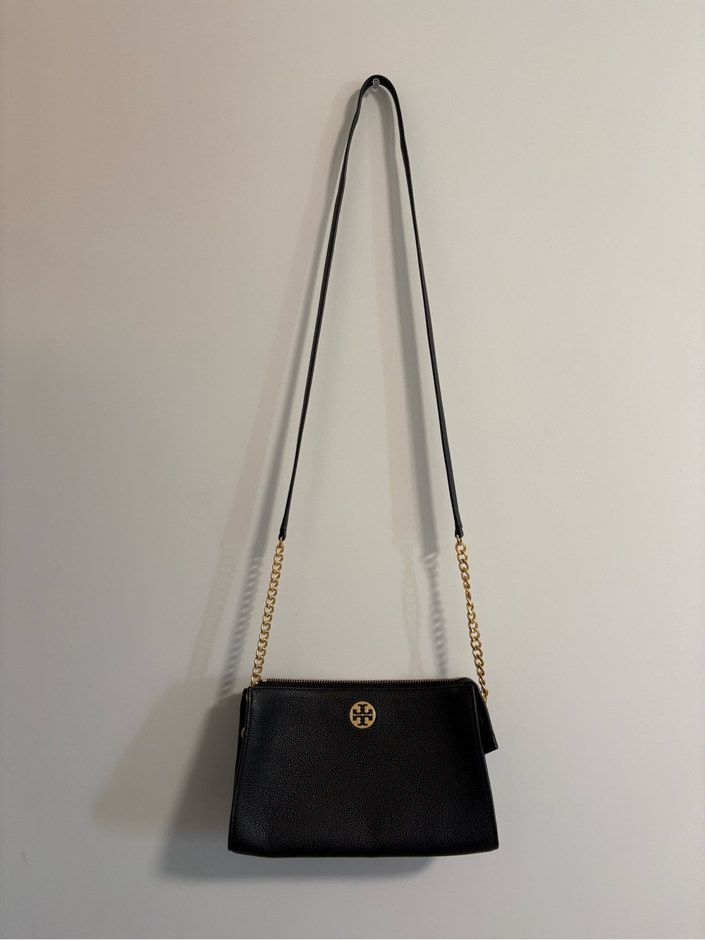 Tory Burch Black Pebbled Leather Crossbody with Gold Logo Chain